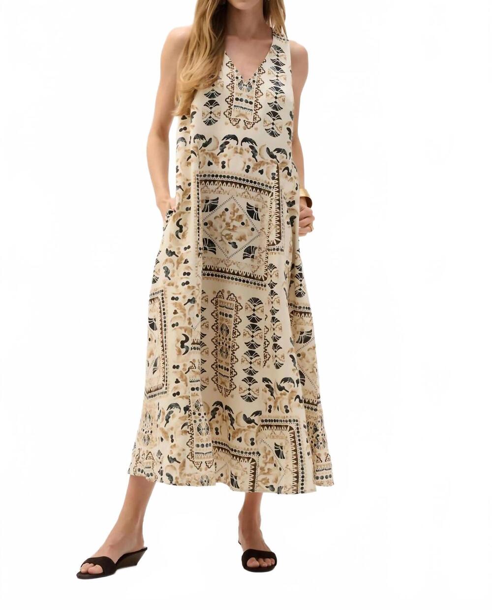 NEW JOSEPH RIBKOFF linen scarf print maxi a-line dress